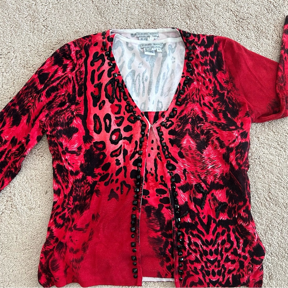 Alberto Makali Red and Black Beaded Sweater Set